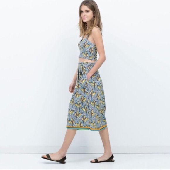 Zara batik leaf blue orange top skirt set S XS